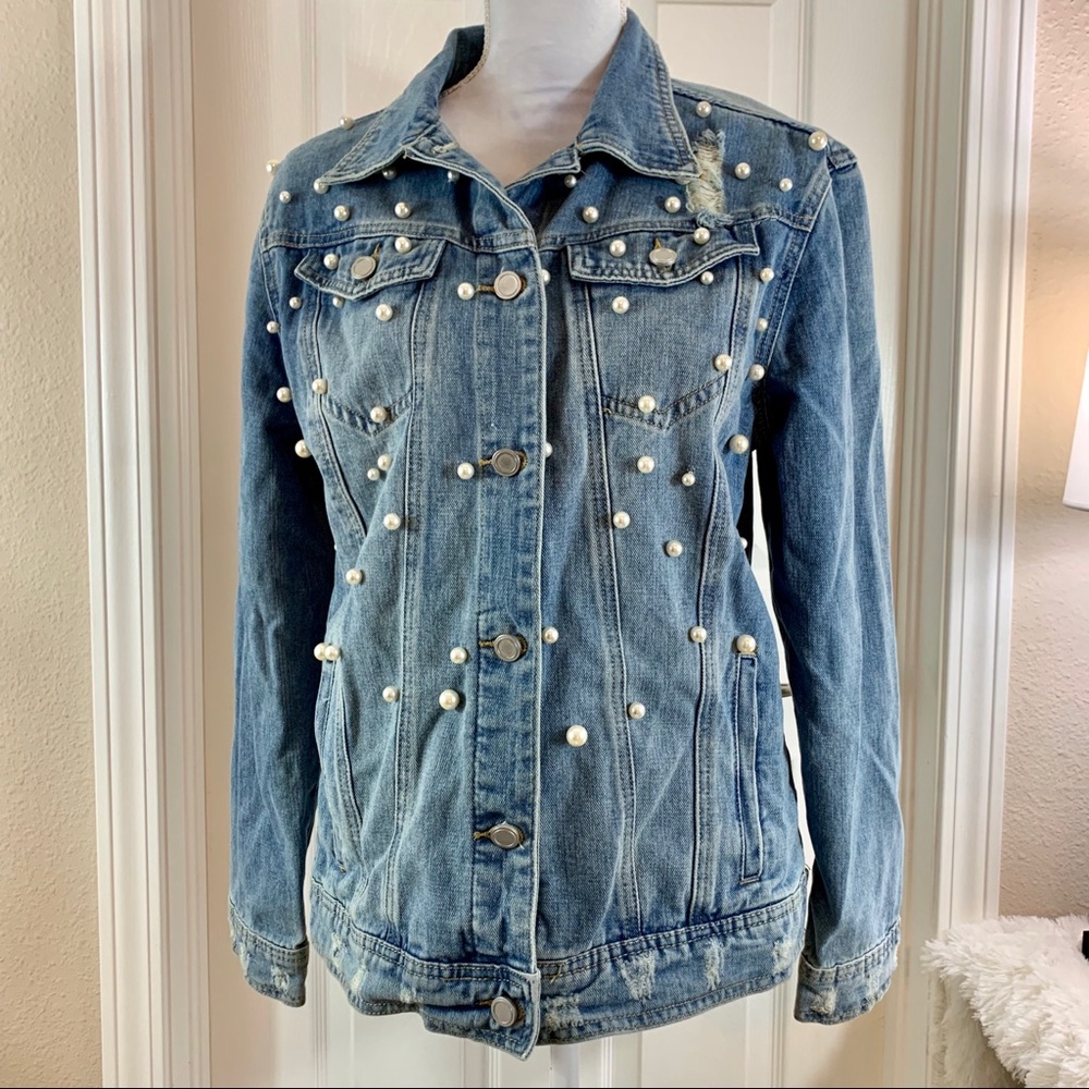 GB Fray denim Jacket with pearls